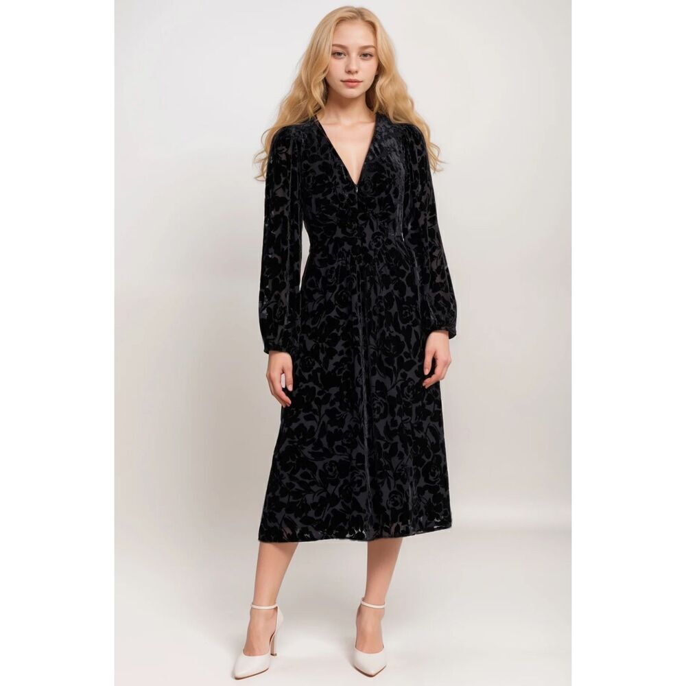 Johnny Was Jade Women’s Black Jacquard Velvet Burnout Silk Blend Wynnter Midi Dr